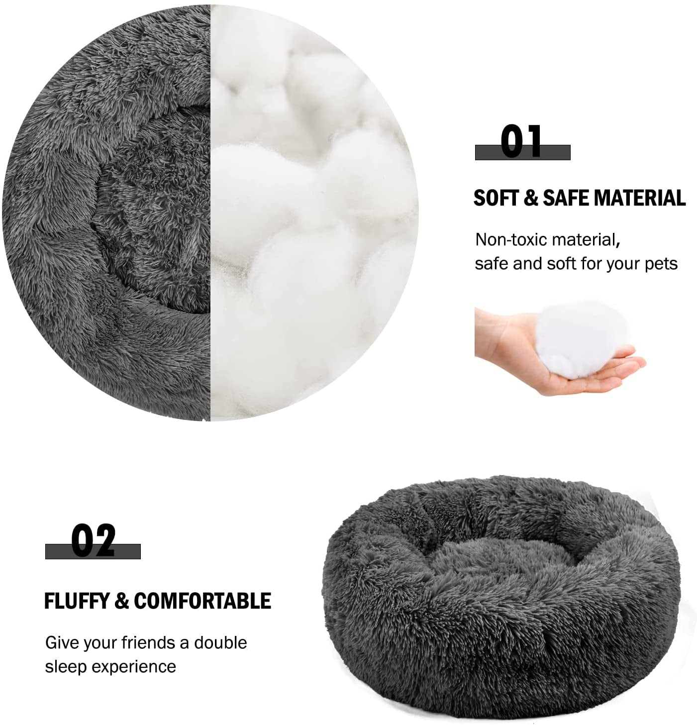 Cozy Grey Donut Dog Bed for Medium Dogs - Anti-Slip, Fluffy, Washable & Durable Pet Bed for Ultimate Comfort