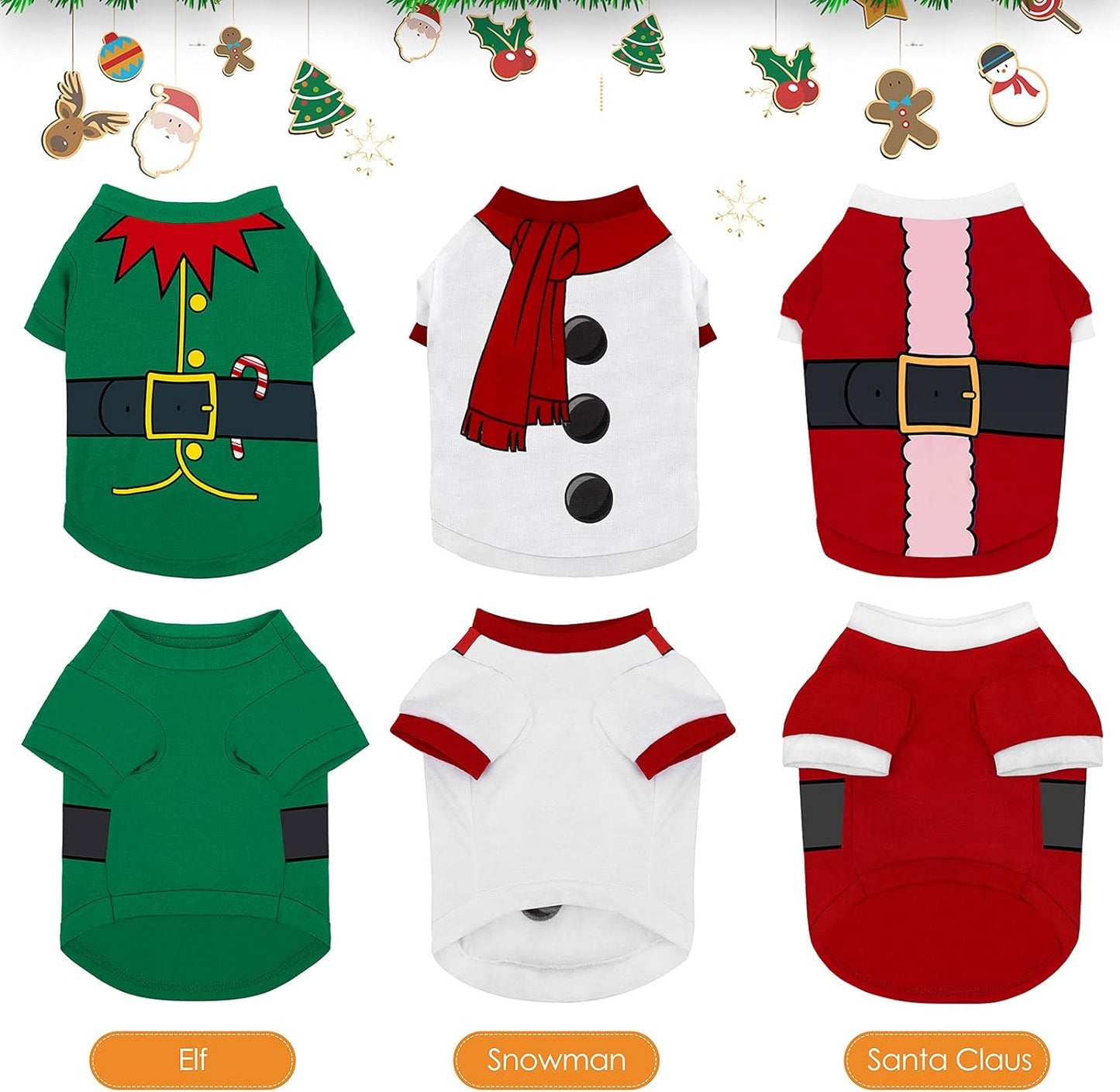 Festive 3-Piece Dog & Cat Christmas Shirt Set - Santa, Snowman & Elf Designs - Cozy Cotton/Polyester Cosplay Apparel for Pets