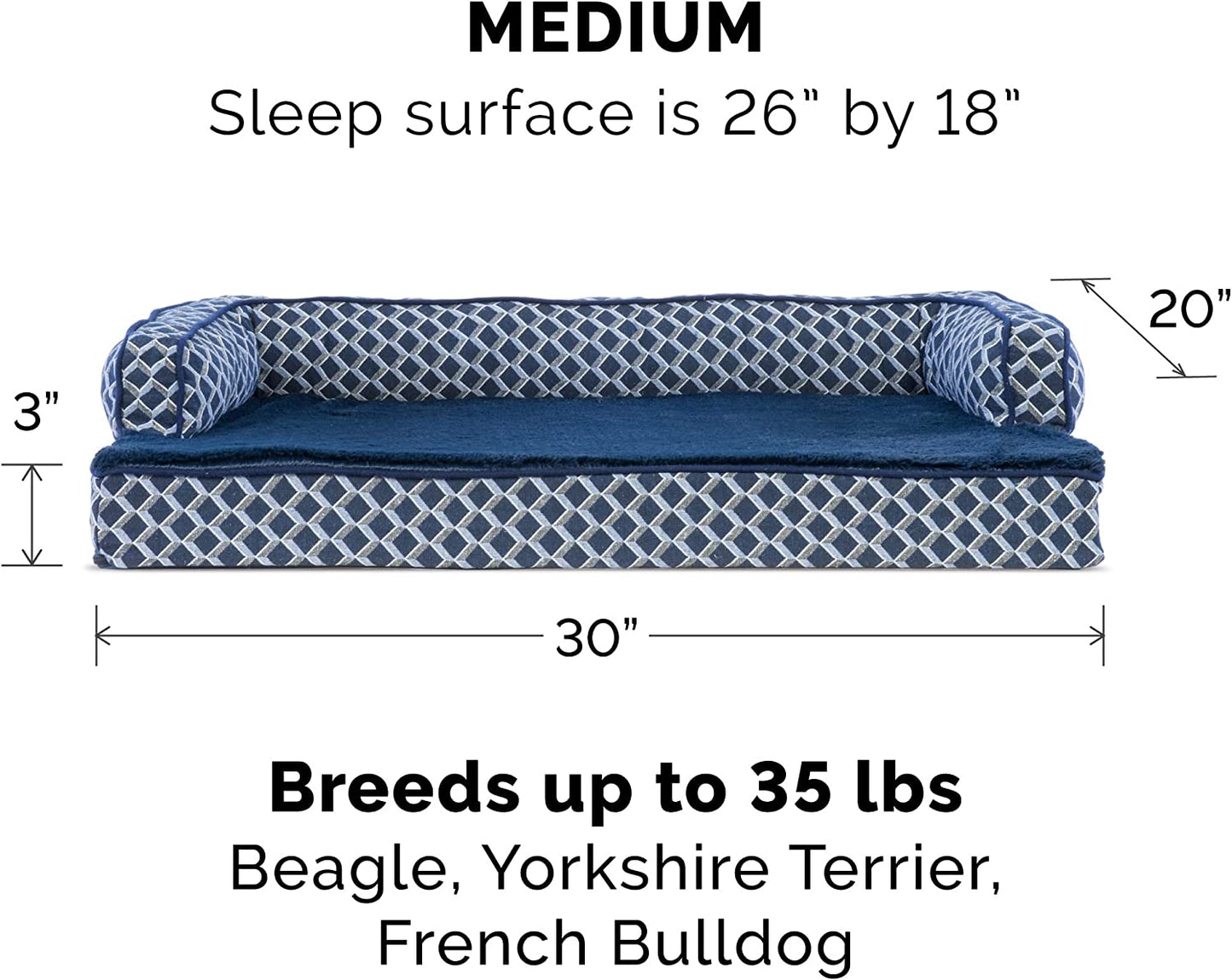 Cozy Diamond Blue Memory Foam Dog Bed with Removable Bolsters & Washable Cover - Perfect for Medium/Small Dogs up to 35 Lbs