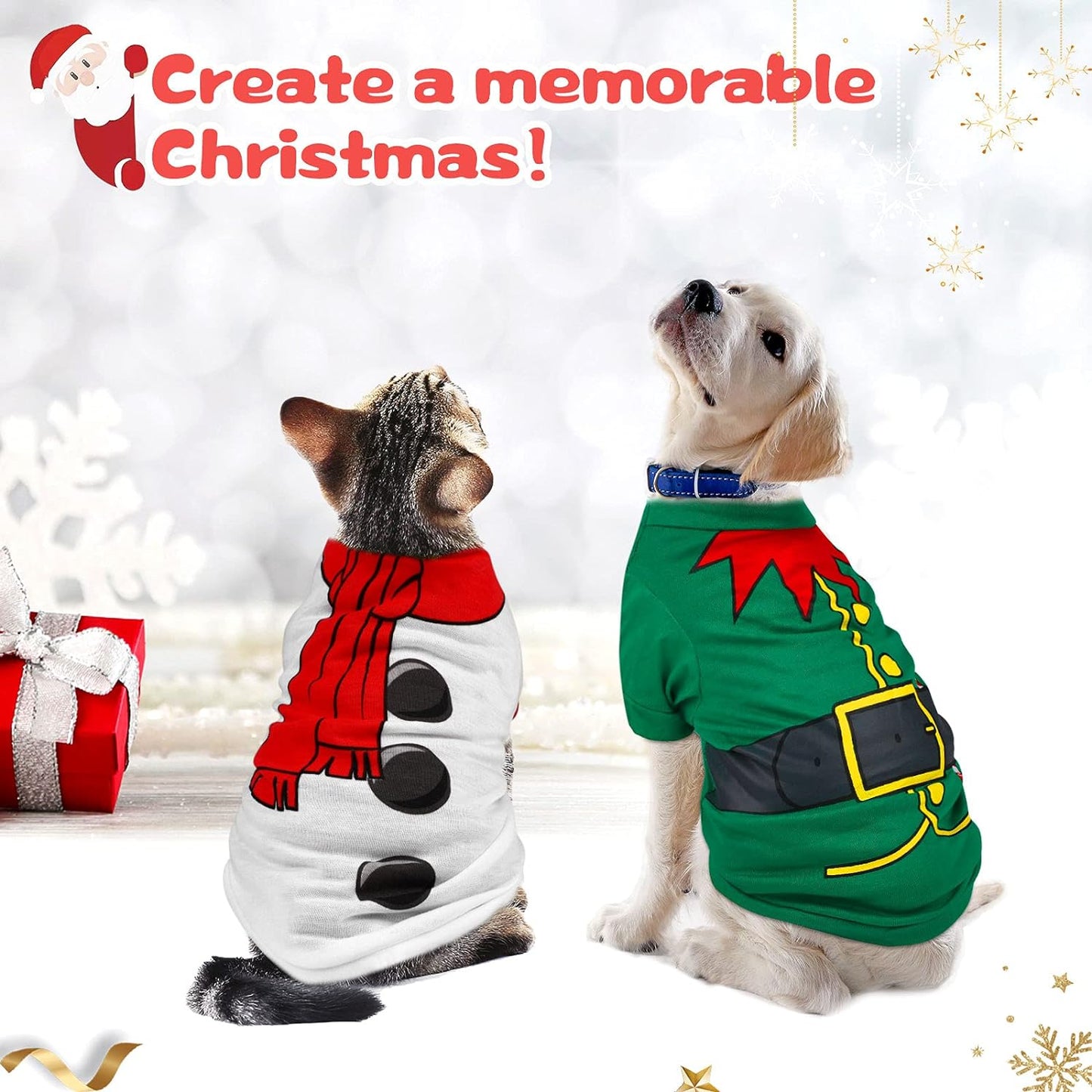 Festive 3-Piece Dog & Cat Christmas Shirt Set - Santa, Snowman & Elf Designs - Cozy Cotton/Polyester Cosplay Apparel for Pets