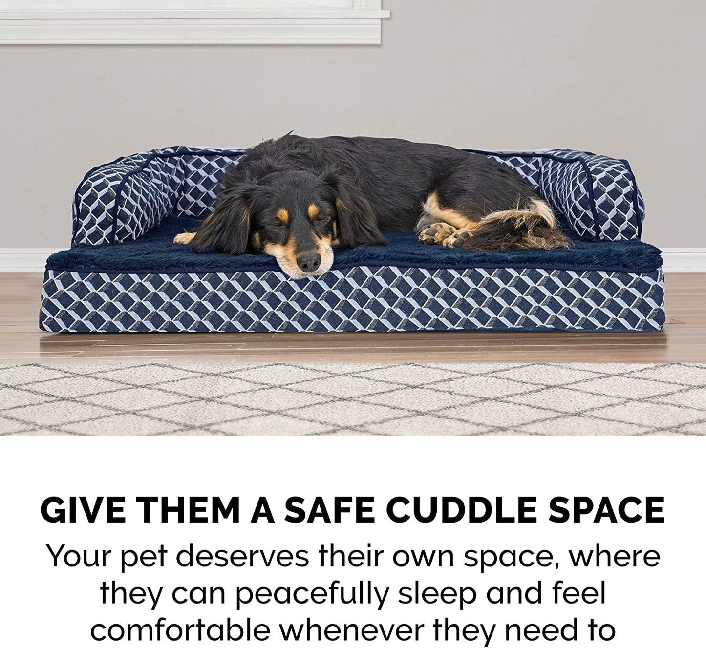 Cozy Diamond Blue Memory Foam Dog Bed with Removable Bolsters & Washable Cover - Perfect for Medium/Small Dogs up to 35 Lbs