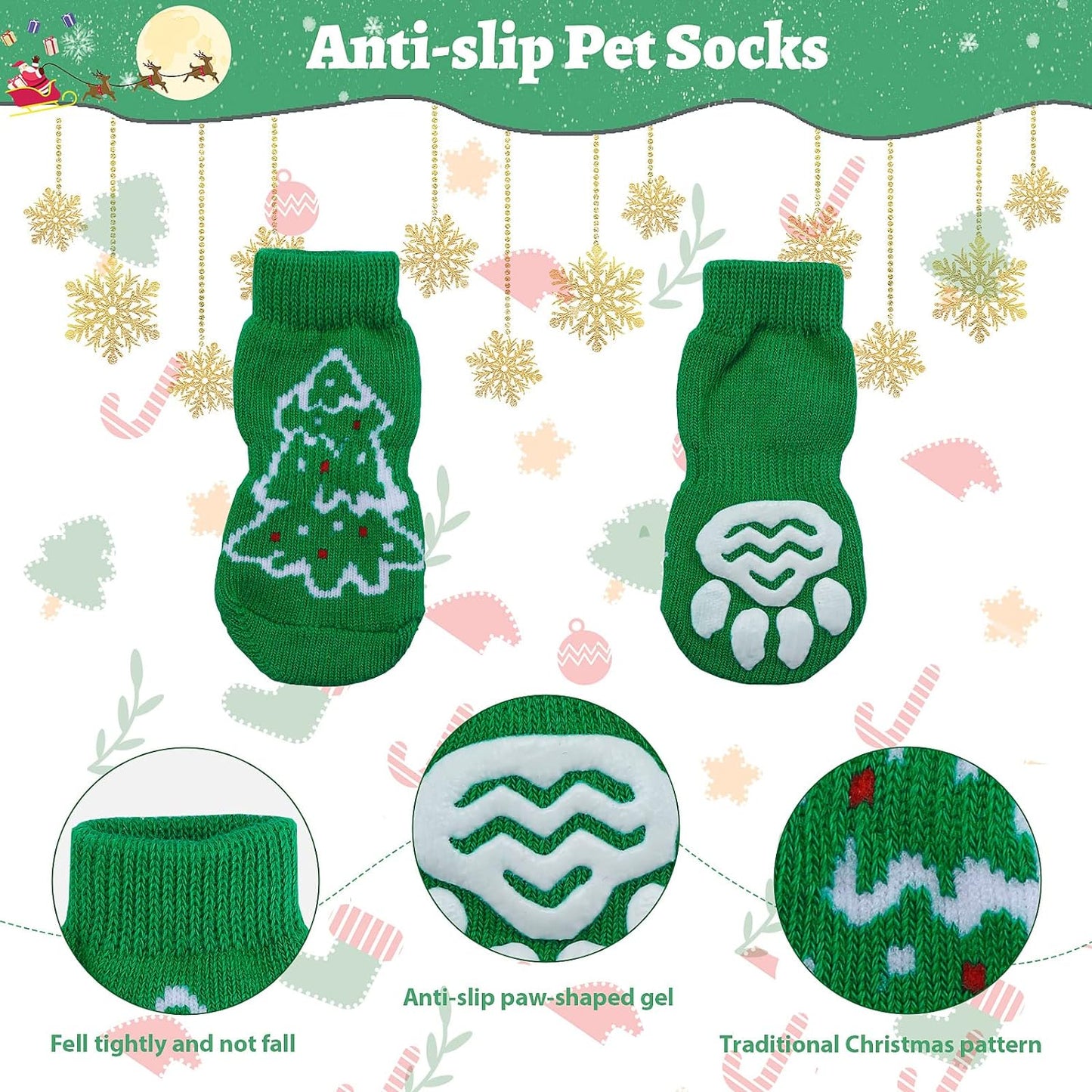 Festive Pet Christmas Costume Set - Reindeer Hats, Anti-Slip Socks & Bandanas for Small to Medium Dogs & Cats (Green, XL)