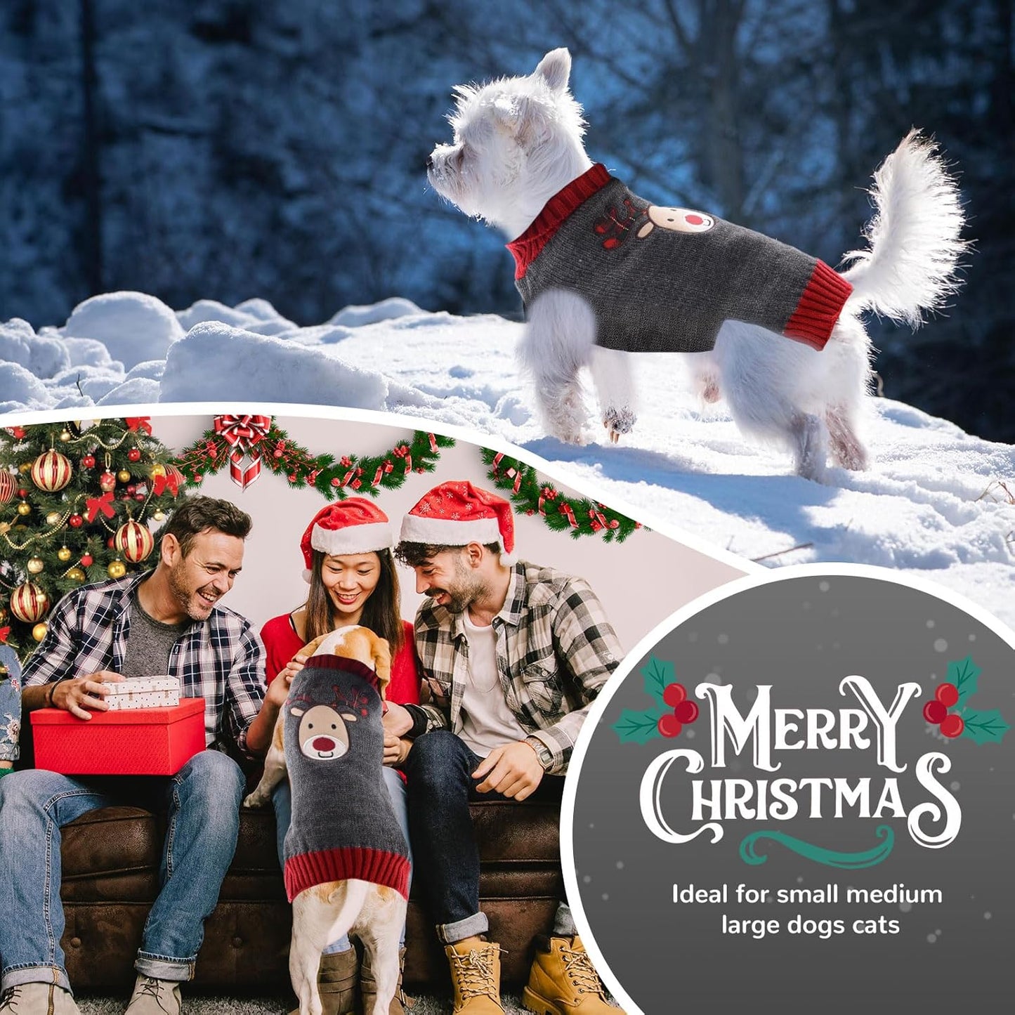 Cozy Reindeer Christmas Dog Sweater - Adorable Gray Vest for Small, Medium & Large Pets - Perfect Holiday Outfit for Dogs & Cats!
