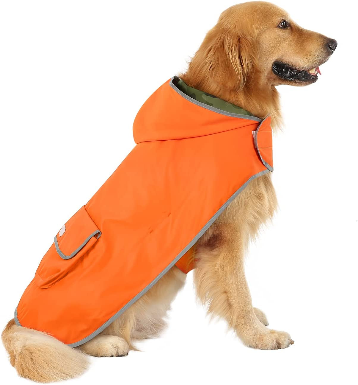 Stylish Reversible Camo & Orange Dog Raincoat - Hooded Slicker Jacket for Small to Large Dogs - Size L