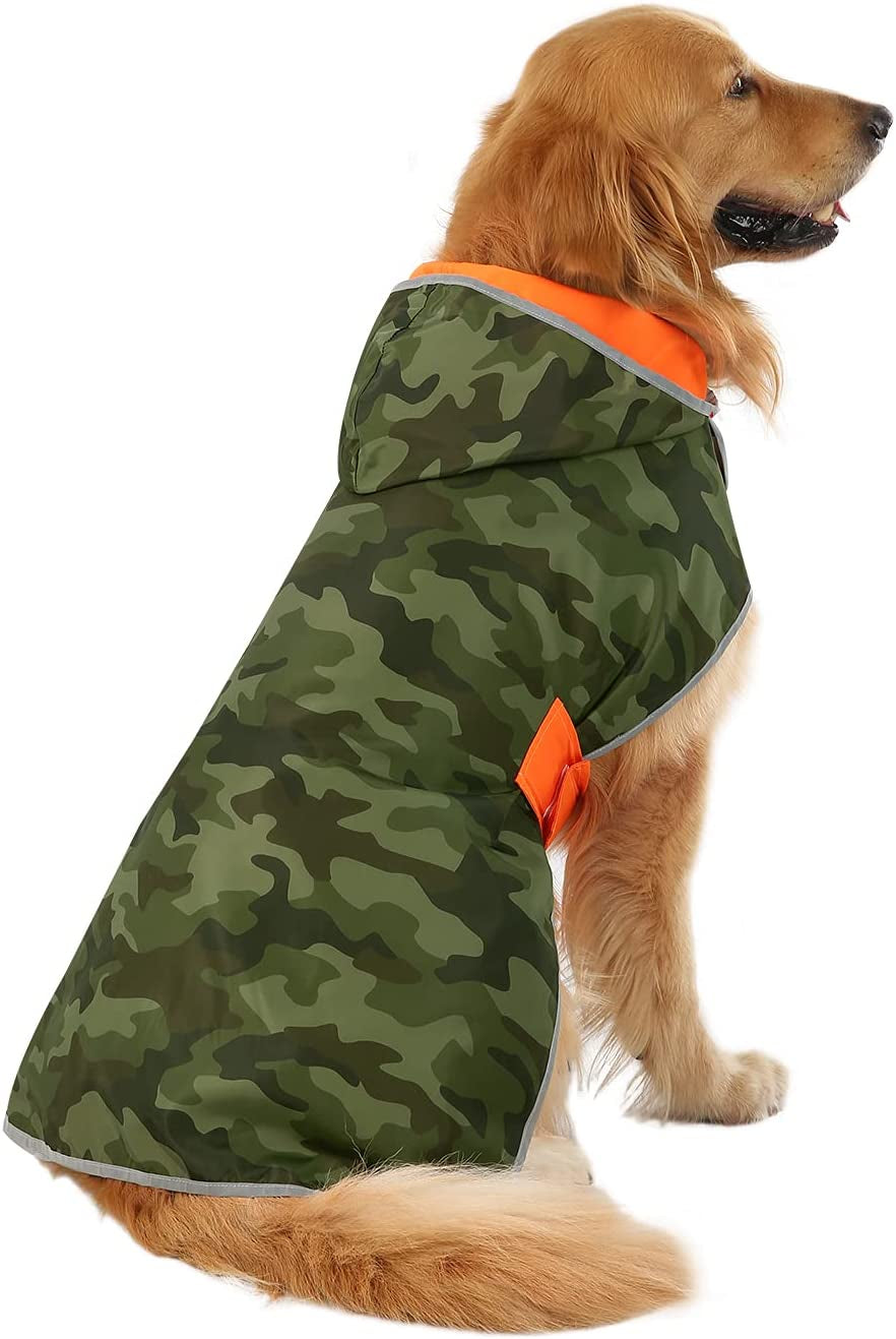 Stylish Reversible Camo & Orange Dog Raincoat - Hooded Slicker Jacket for Small to Large Dogs - Size L