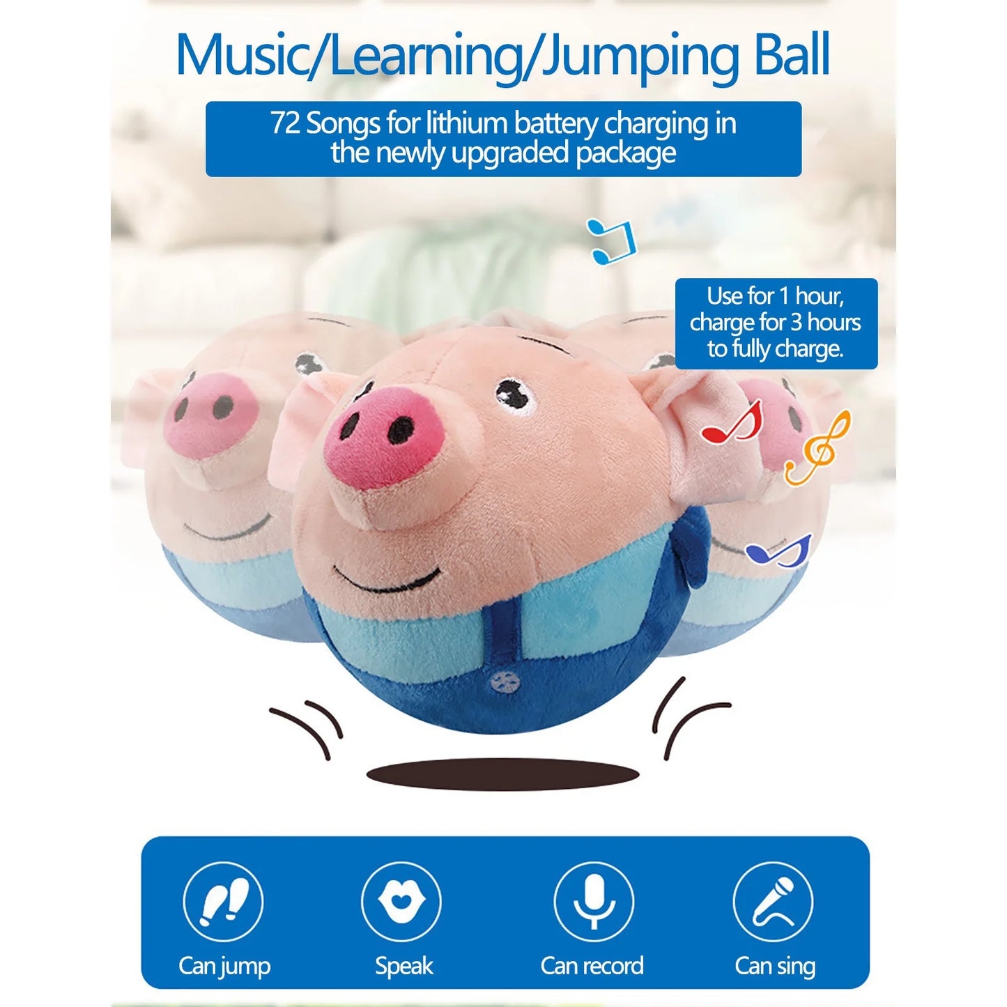 Interactive Bouncing Rabbit Dog Toy with Sound - Durable Plush Squeaky Ball for Aggressive Chewers, 60 Songs Music & Fun!