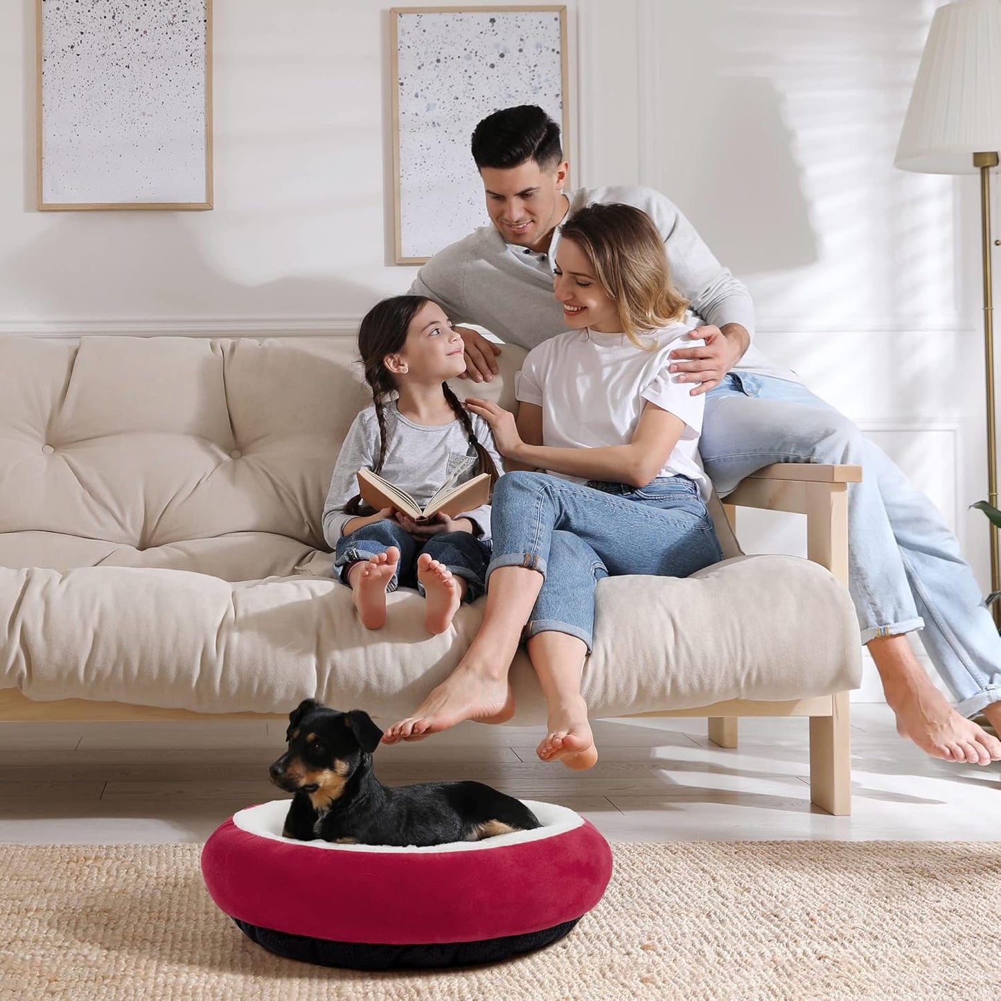 Luxury Round Donut Cat & Dog Cushion Bed - 20" Anti-Slip, Water-Resistant, Super Soft & Washable Pet Bed in Red for Cats and Small Dogs