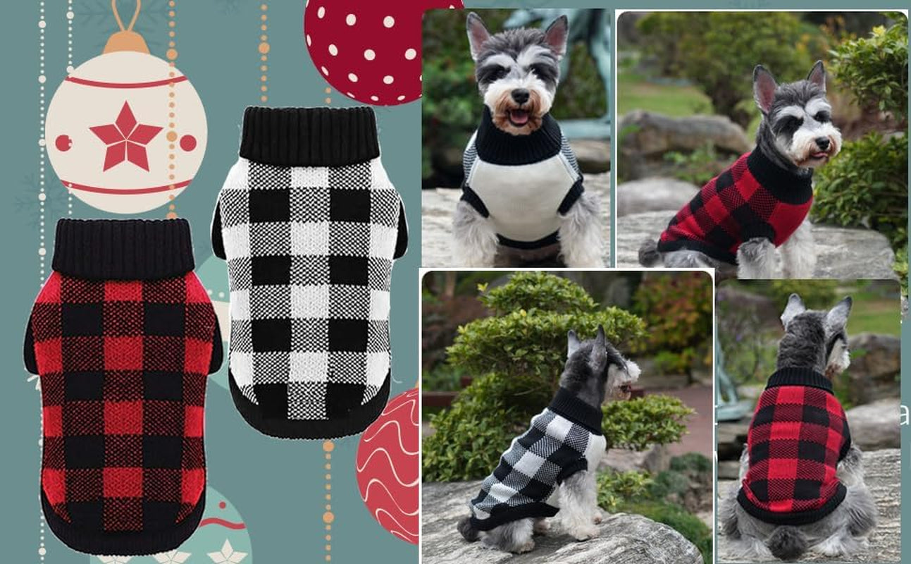 Stylish White Black Plaid Christmas Dog Sweater - Cozy Turtleneck Knitwear for Small Dogs & Cats - Perfect Winter Apparel for Cold Weather (Size S, 12")