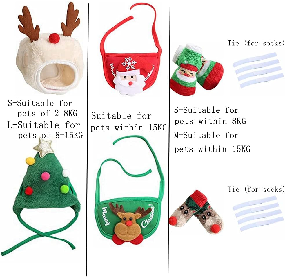 Festive 6-Piece Pet Christmas Costume Set - Adorable Hat, Bandana, Bow Tie, Socks & Bib for Small to Medium Dogs & Cats (Green, S: 2-8Kg)