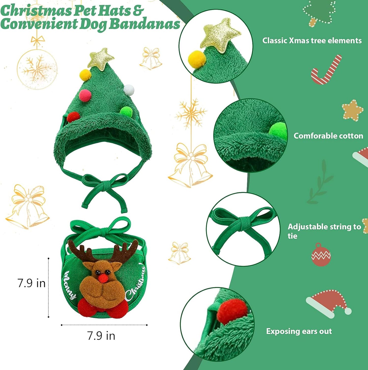 Festive Pet Christmas Costume Set - Reindeer Hats, Anti-Slip Socks & Bandanas for Small to Medium Dogs & Cats (Green, XL)