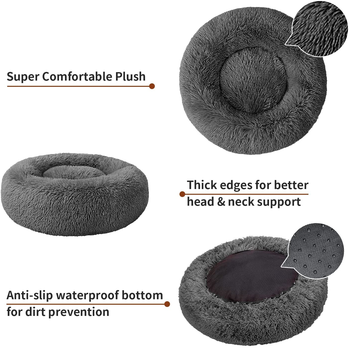 Cozy Grey Donut Dog Bed for Medium Dogs - Anti-Slip, Fluffy, Washable & Durable Pet Bed for Ultimate Comfort