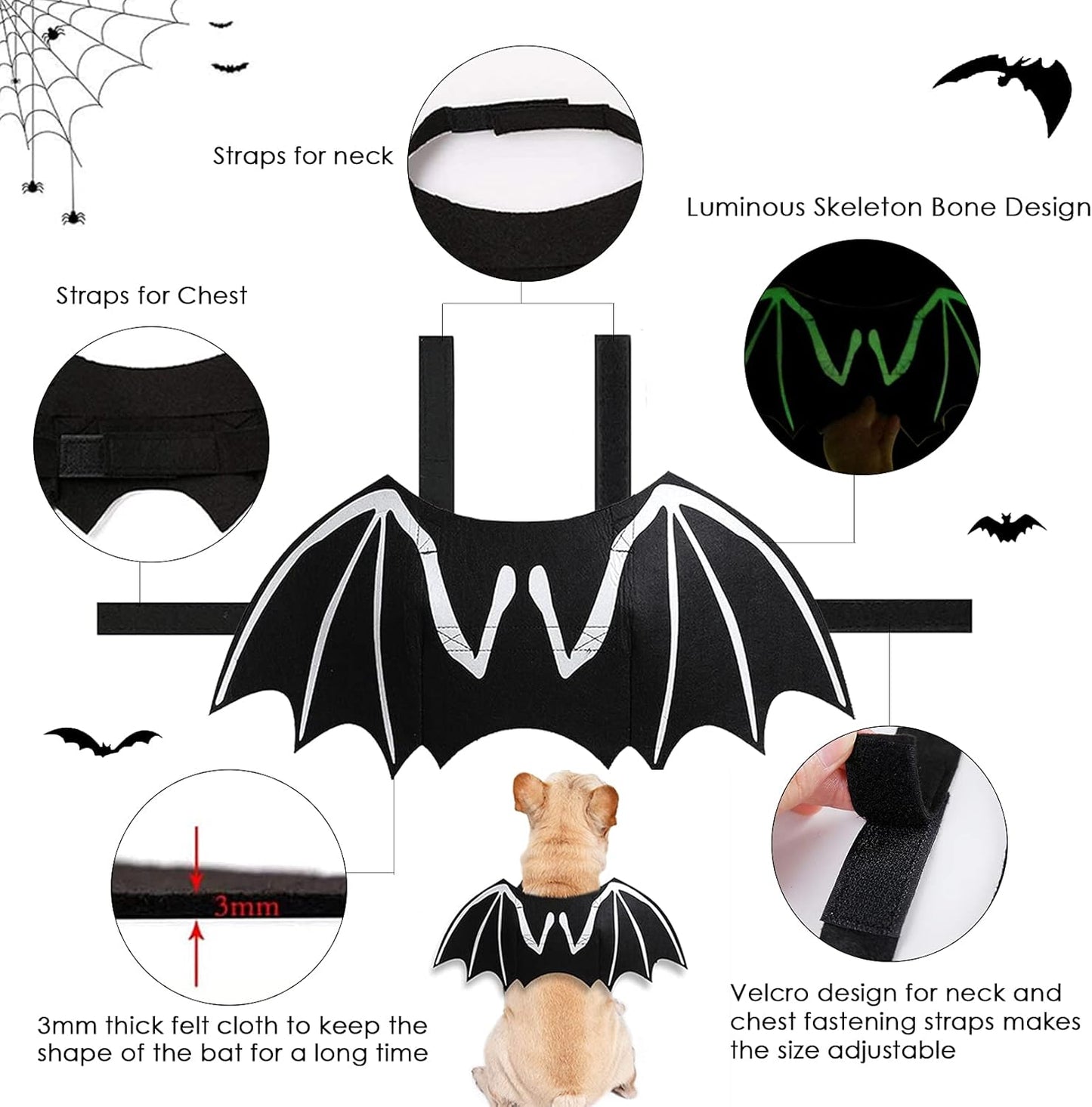 Luminous Skeleton Bone Bat Wings Halloween Costumes for Dogs and Cats - Perfect Dress-Up Apparel for Kittens and Puppies