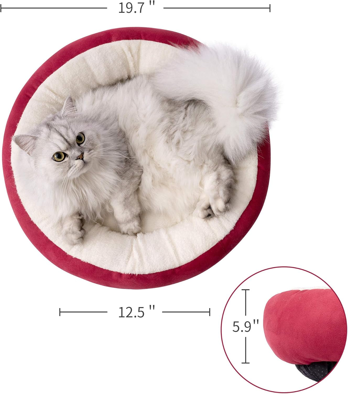Luxury Round Donut Cat & Dog Cushion Bed - 20" Anti-Slip, Water-Resistant, Super Soft & Washable Pet Bed in Red for Cats and Small Dogs