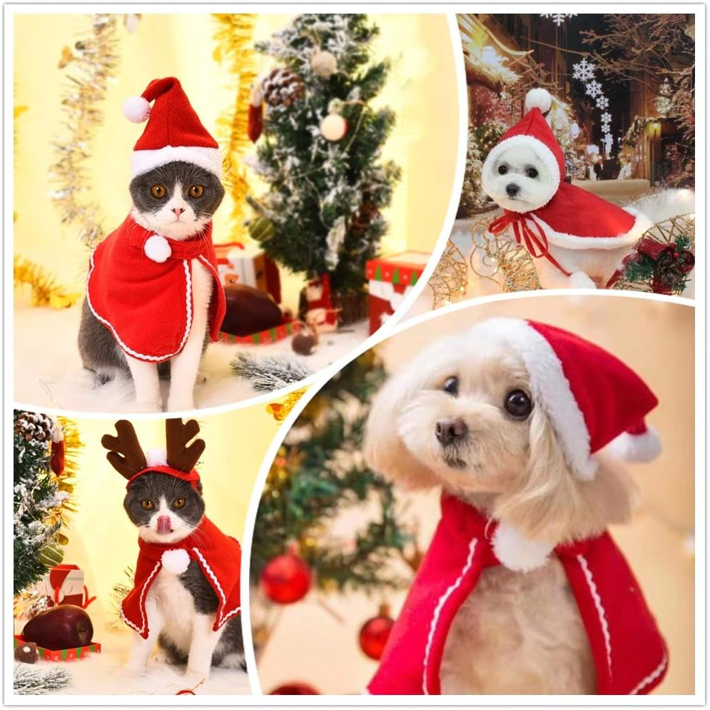 Festive 2-Piece Pet Christmas Costume Set - Santa Hat & Reindeer Antlers for Small Dogs and Cats