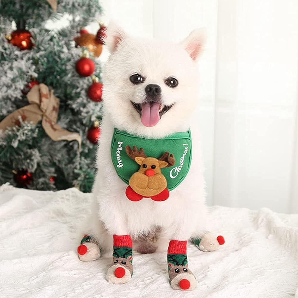 Festive 6-Piece Pet Christmas Costume Set - Adorable Hat, Bandana, Bow Tie, Socks & Bib for Small to Medium Dogs & Cats (Green, S: 2-8Kg)