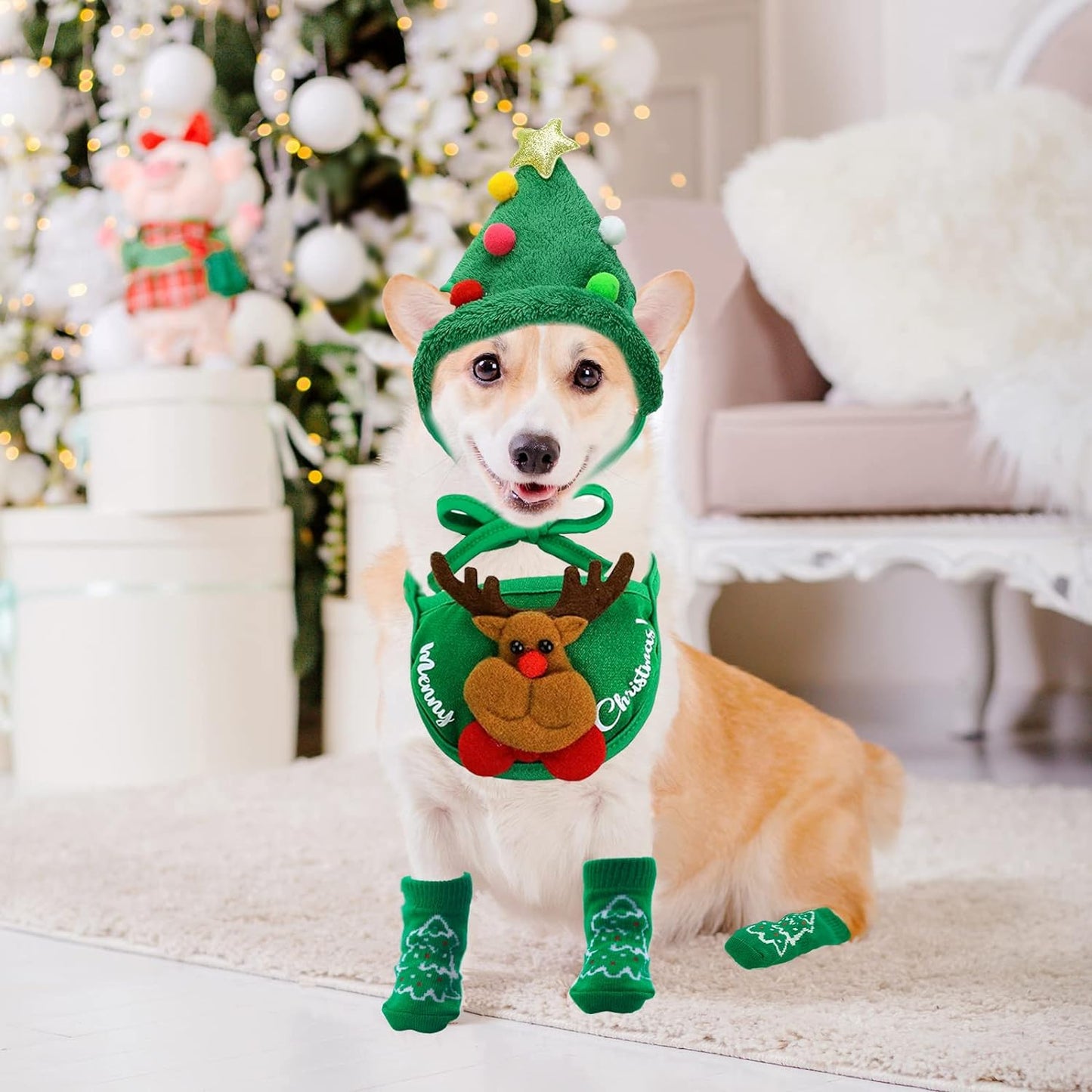 Festive Pet Christmas Costume Set - Reindeer Hats, Anti-Slip Socks & Bandanas for Small to Medium Dogs & Cats (Green, XL)