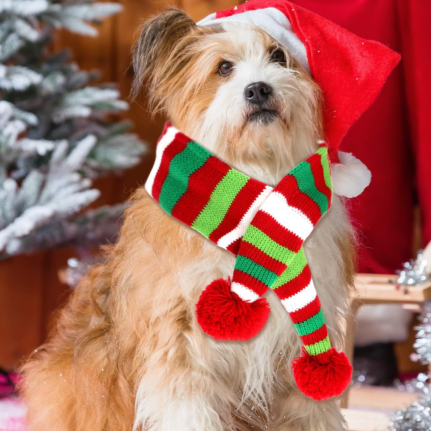 Festive Christmas Striped Knitted Dog Scarf - 2 Pack Winter Neck Warmers for Pets, Perfect Holiday Accessory for Dogs and Cats