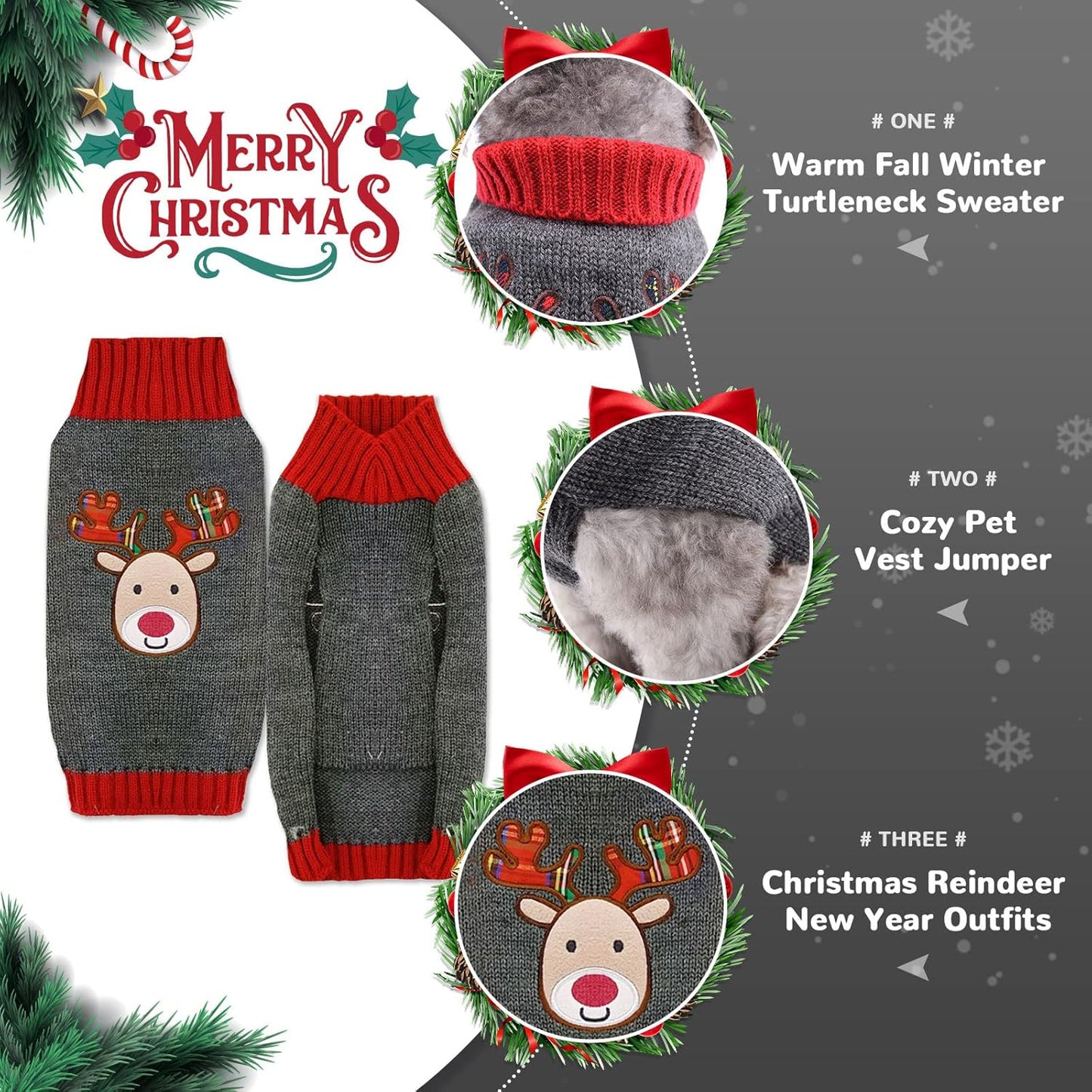 Cozy Reindeer Christmas Dog Sweater - Adorable Gray Vest for Small, Medium & Large Pets - Perfect Holiday Outfit for Dogs & Cats!