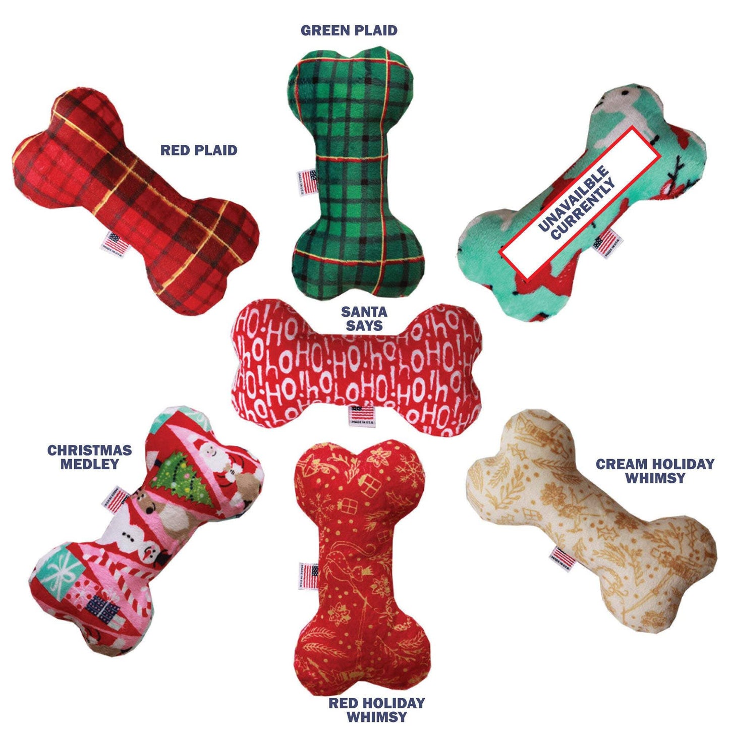 Happy Holidays Plush Dog Bone Toy - 6" Fun Patterns Available!