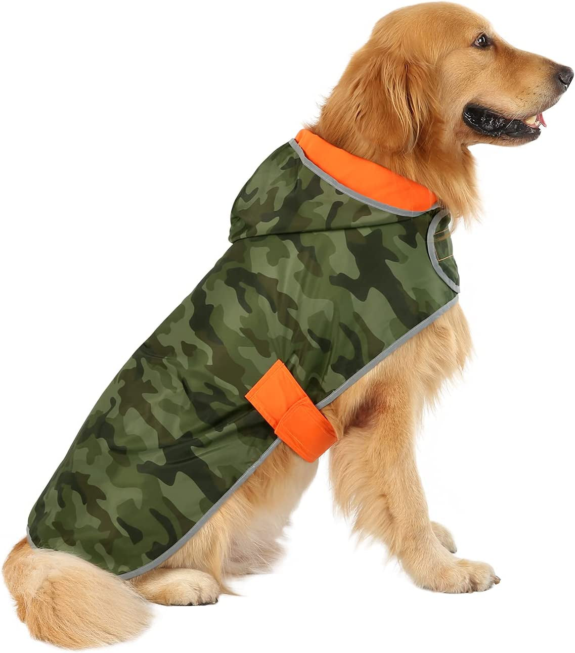 Stylish Reversible Camo & Orange Dog Raincoat - Hooded Slicker Jacket for Small to Large Dogs - Size L
