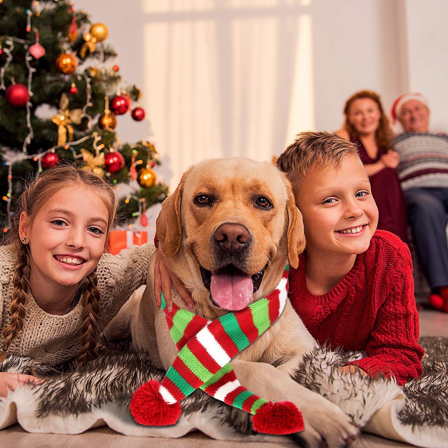 Festive 2-Pack Christmas Striped Knitted Dog Scarves - Cozy Winter Neck Warmers for Pets - Holiday Bandana Accessories for Dogs and Cats