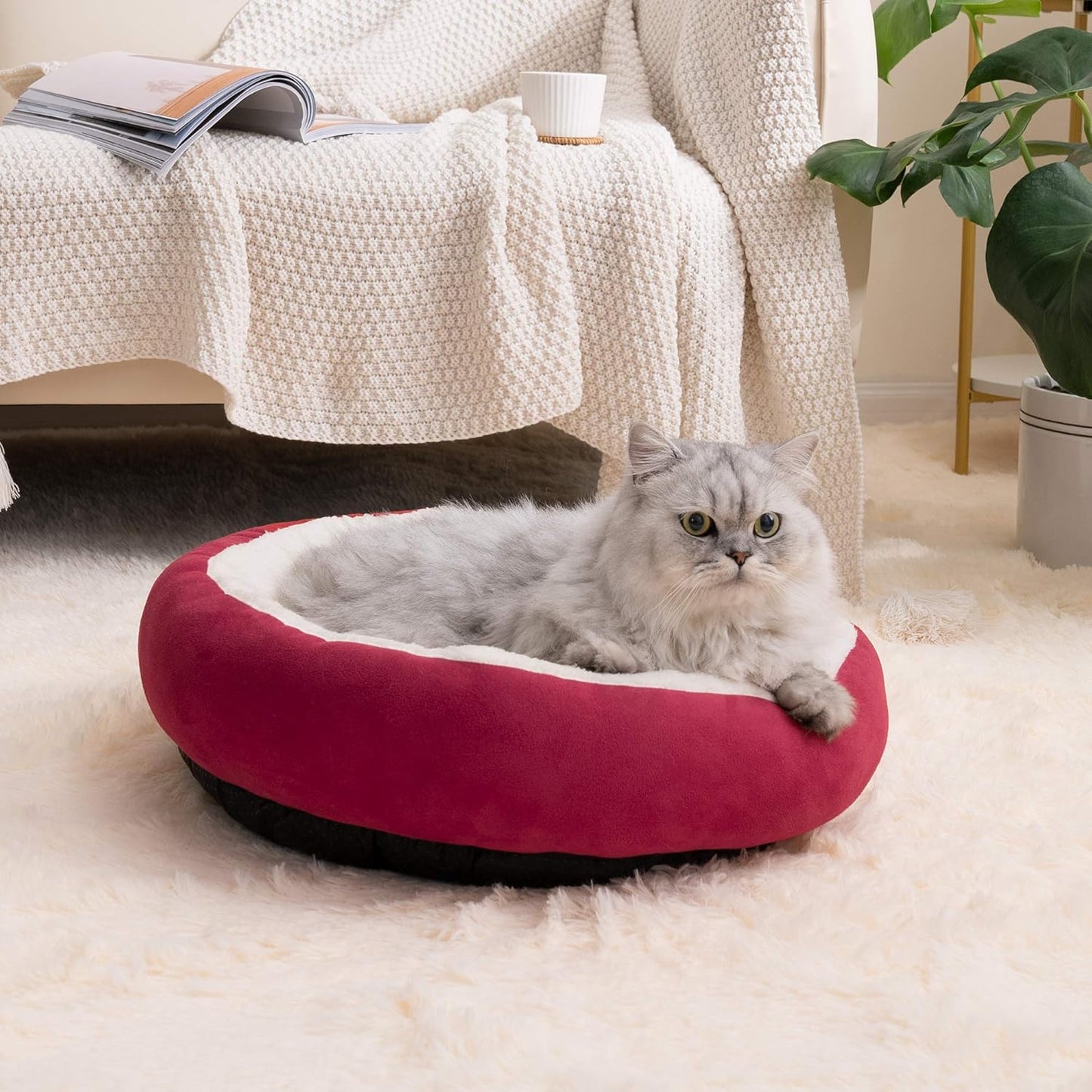 Luxury Round Donut Cat & Dog Cushion Bed - 20" Anti-Slip, Water-Resistant, Super Soft & Washable Pet Bed in Red for Cats and Small Dogs