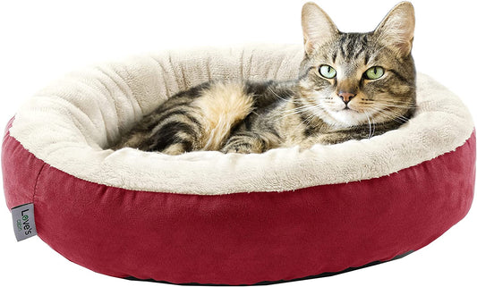 Luxury Round Donut Cat & Dog Cushion Bed - 20" Anti-Slip, Water-Resistant, Super Soft & Washable Pet Bed in Red for Cats and Small Dogs