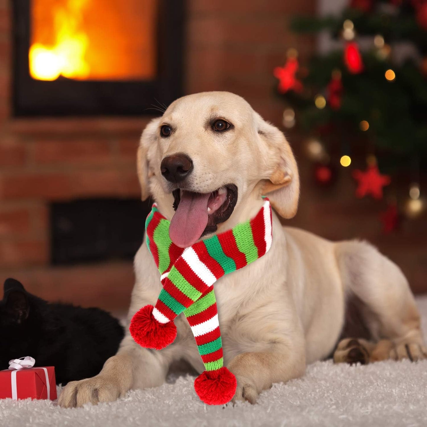 Festive 2-Pack Christmas Striped Knitted Dog Scarves - Cozy Winter Neck Warmers for Pets - Holiday Bandana Accessories for Dogs and Cats