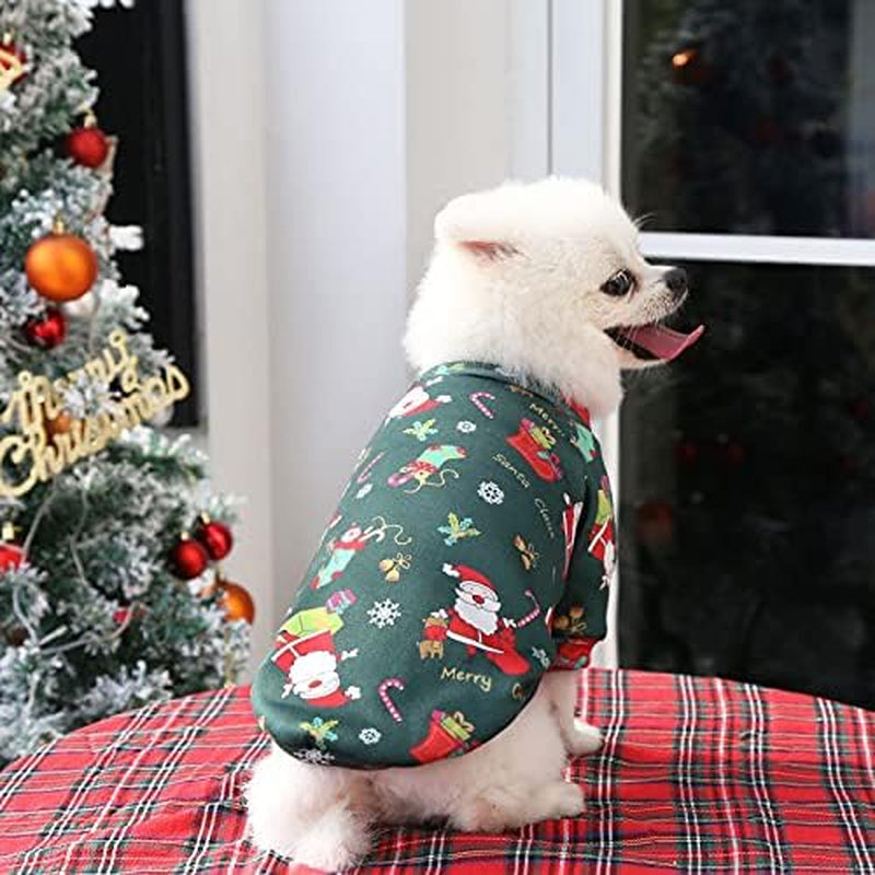 Festive Cartoon Fleece Hoodie for Small Dogs & Cats - Cozy Christmas Pullover in Green