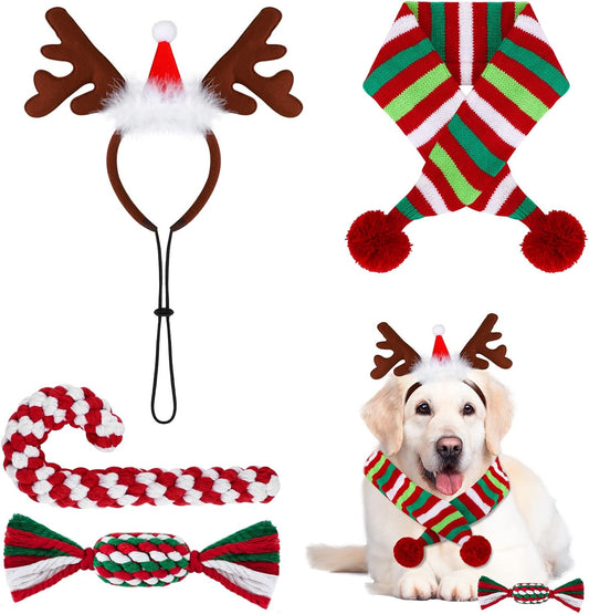 Festive 4-Pack Dog Christmas Costume Set - Reindeer Antlers, Scarf, Chew Toys & Rope Toy!