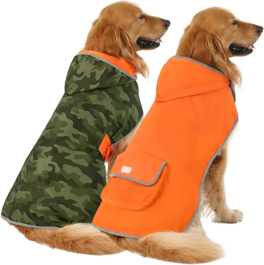 Stylish Reversible Camo & Orange Dog Raincoat - Hooded Slicker Jacket for Small to Large Dogs - Size L