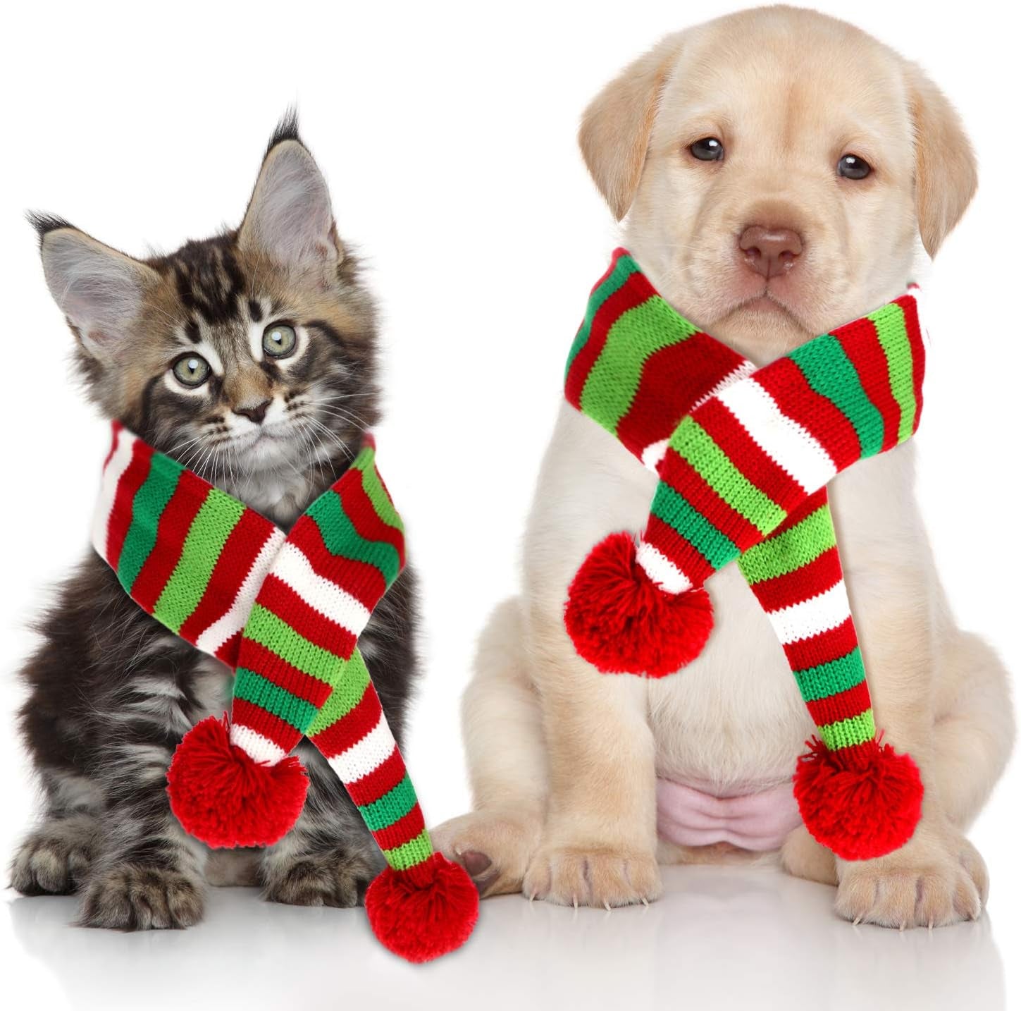 Cozy Christmas Striped Knitted Dog Scarf - 2 Pack Winter Neck Warmers for Pets, Festive Holiday Bandanas for Cats & Puppies