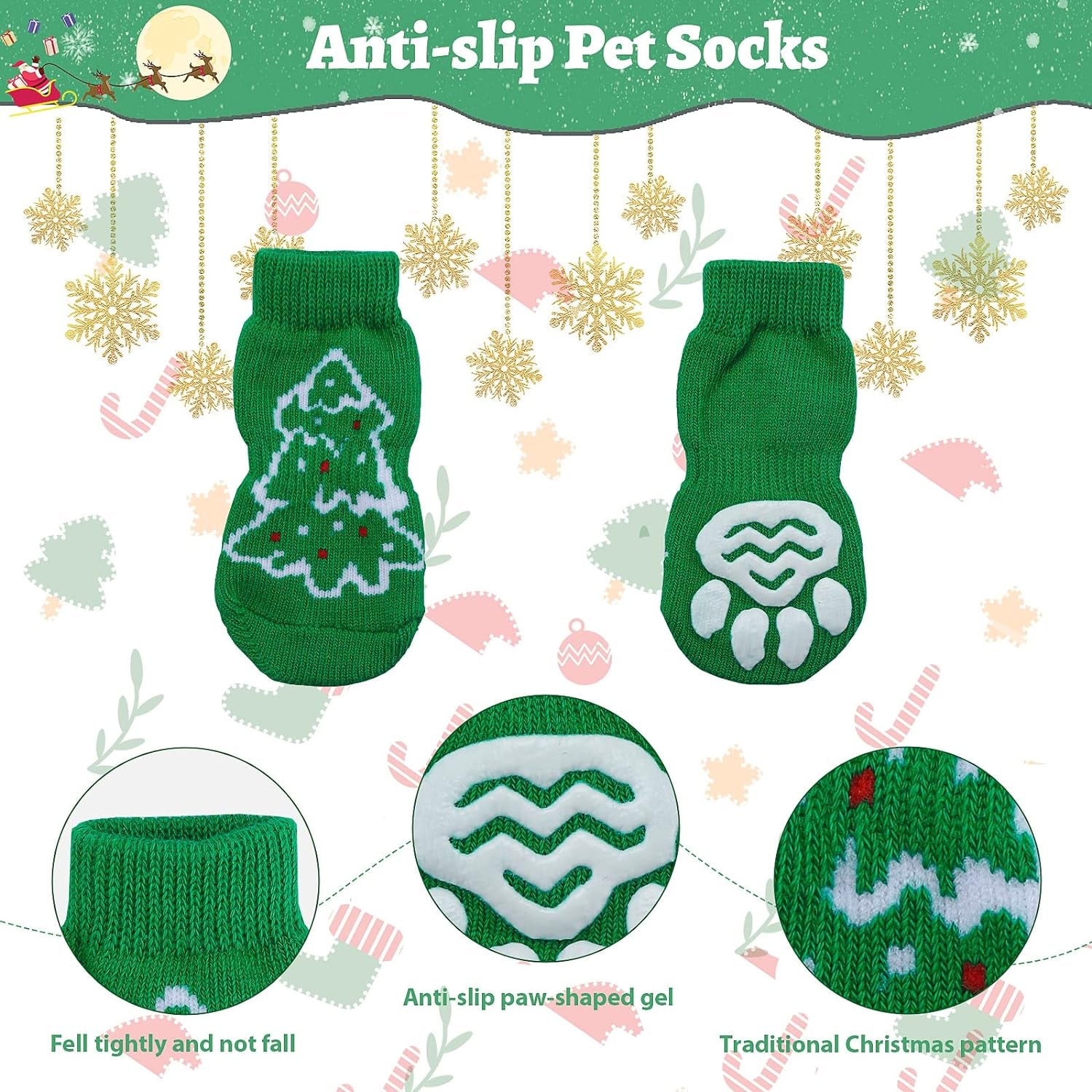 Festive Pet Christmas Costume Set - Reindeer Hats, Anti-Slip Socks & Bandanas for Small to Medium Dogs & Cats (Green, XL)