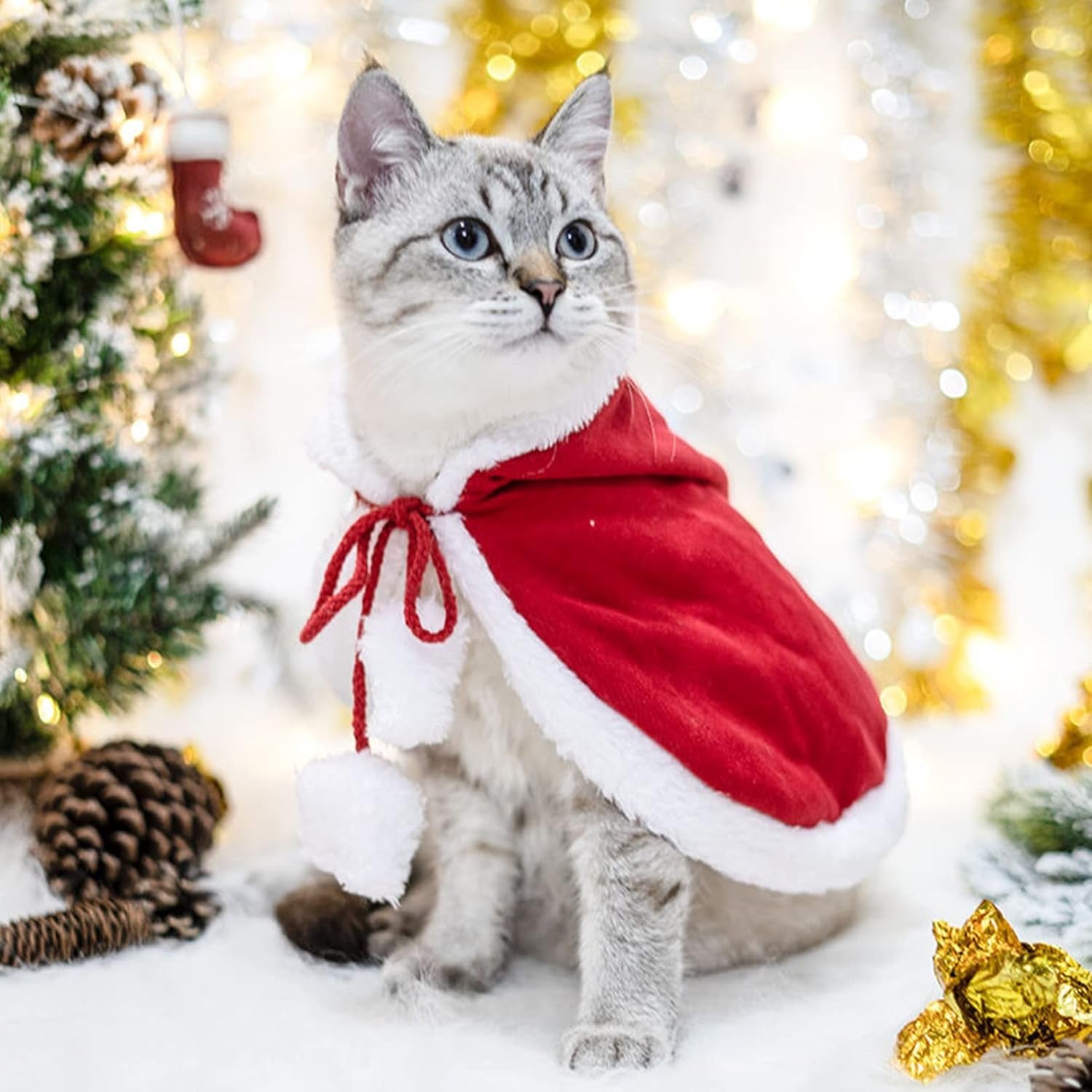 Festive Cat & Dog Christmas Costumes - Santa Cloak Cape with Hat for Small Pets - Perfect Holiday Party Outfits!
