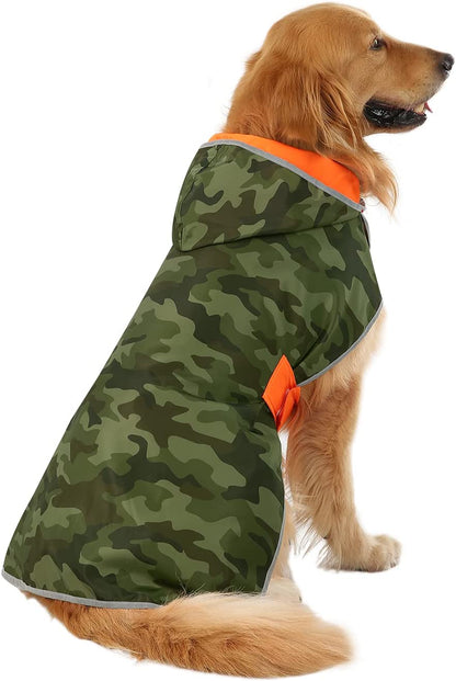 Stylish Reversible Camo & Orange Dog Raincoat - Hooded Slicker Jacket for Small to Large Dogs - Size L