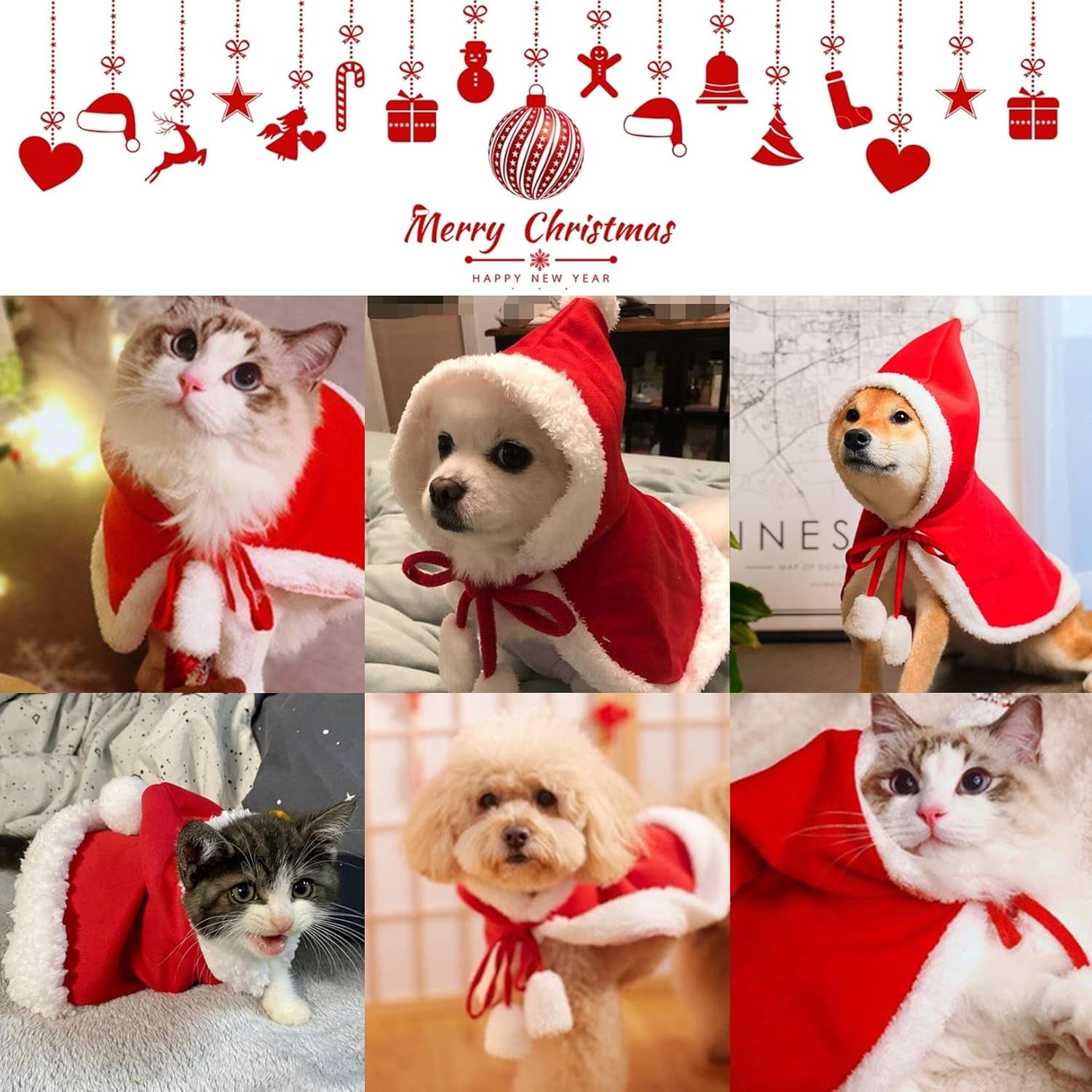 Festive Cat & Dog Christmas Costumes - Santa Cloak Cape with Hat for Small Pets - Perfect Holiday Party Outfits!
