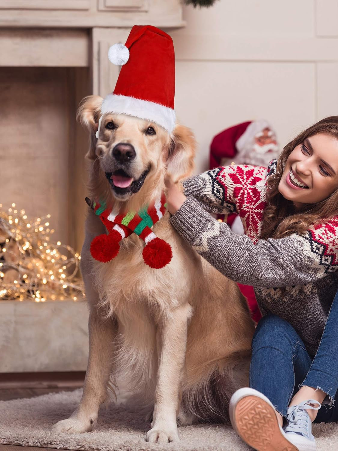 Festive 2-Piece Christmas Dog Santa Hat & Scarf Set - Adjustable Knit Outfit for Pets