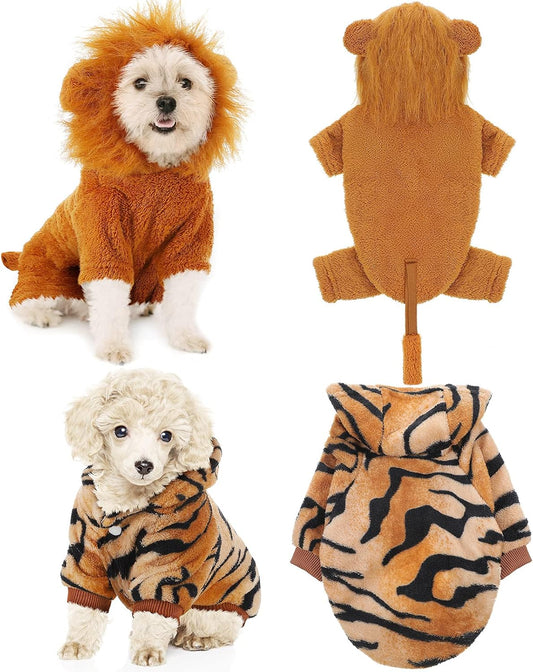 Adorable Lion & Tiger Costumes - 2 Pack Winter Sweaters for Small Dogs - Cozy Christmas Pet Coats (L Size)