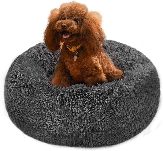 Cozy Grey Donut Dog Bed for Medium Dogs - Anti-Slip, Fluffy, Washable & Durable Pet Bed for Ultimate Comfort
