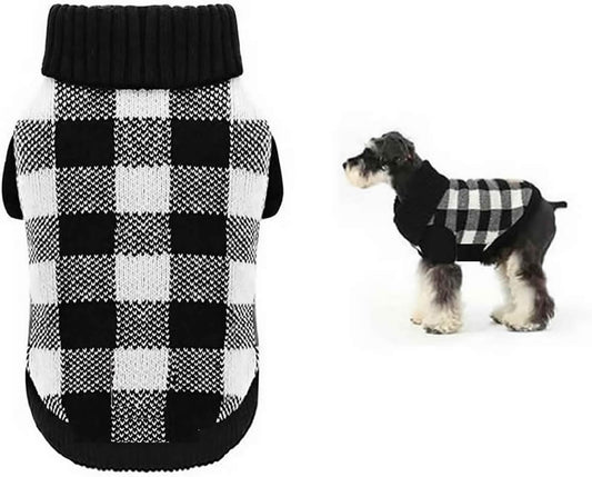 Stylish White Black Plaid Christmas Dog Sweater - Cozy Turtleneck Knitwear for Small Dogs & Cats - Perfect Winter Apparel for Cold Weather (Size S, 12")