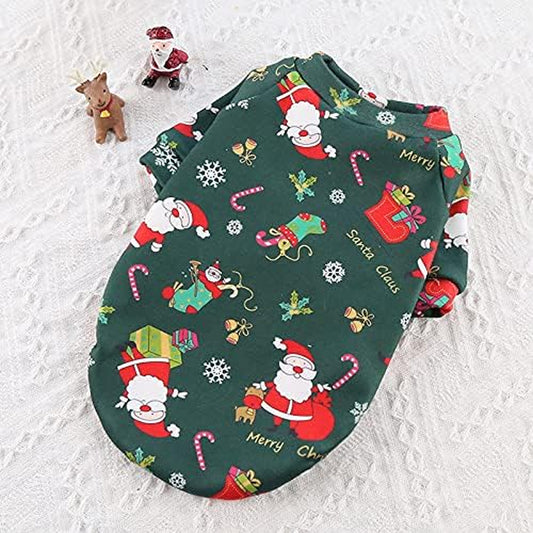 Festive Cartoon Fleece Hoodie for Small Dogs & Cats - Cozy Christmas Pullover in Green