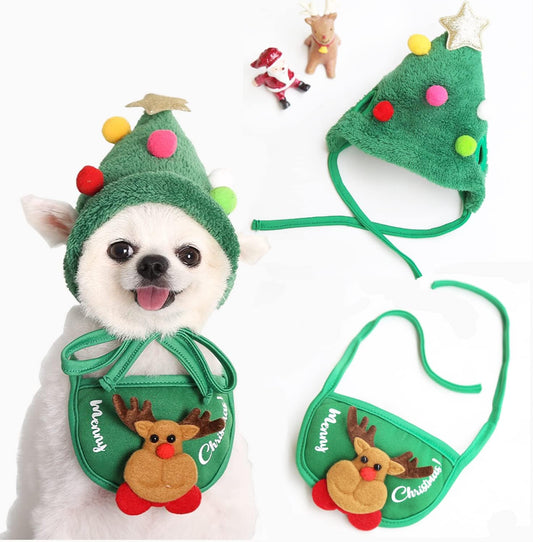 Adorable Christmas Costume for Pets - Adjustable Puppy Santa Hat & Bandana for Small to Medium Dogs & Cats (Green)