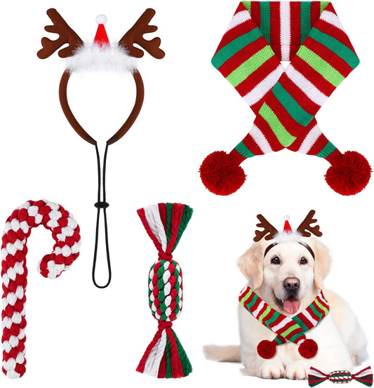 Festive 4-Pack Dog Costume Set: Reindeer Antlers, Christmas Scarf, Chew Toys & Candy Cane