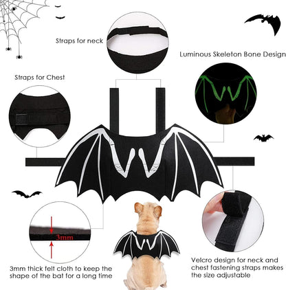 Luminous Skeleton Bone Bat Wings Halloween Costumes for Dogs and Cats - Perfect Dress-Up Apparel for Kittens and Puppies