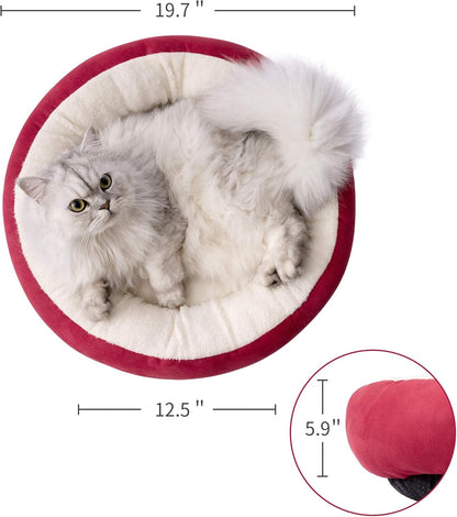 Luxury Round Donut Cat & Dog Cushion Bed - 20" Anti-Slip, Water-Resistant, Super Soft & Washable Pet Bed in Red for Cats and Small Dogs