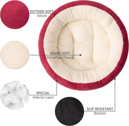 Luxury Round Donut Cat & Dog Cushion Bed - 20" Anti-Slip, Water-Resistant, Super Soft & Washable Pet Bed in Red for Cats and Small Dogs