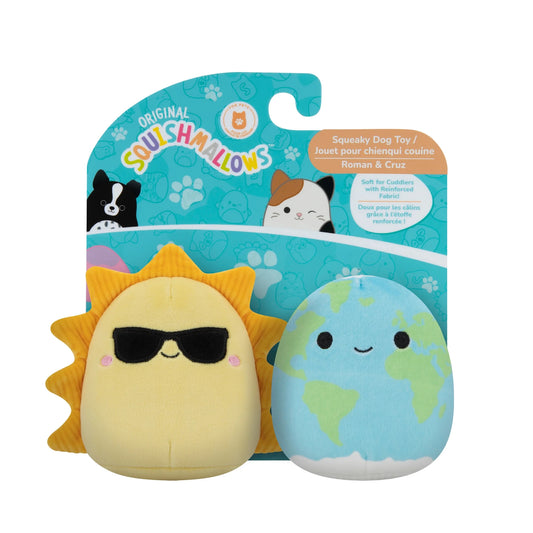 Vibrant 2-Pack Plush Dog Toys: Blue & Green Planet and Yellow Sun - Perfect for Playtime!