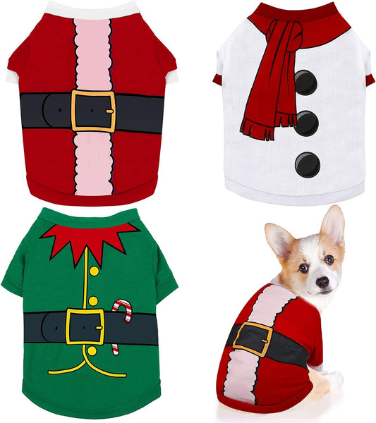 Festive 3-Piece Dog & Cat Christmas Shirt Set - Santa, Snowman & Elf Designs - Cozy Cotton/Polyester Cosplay Apparel for Pets