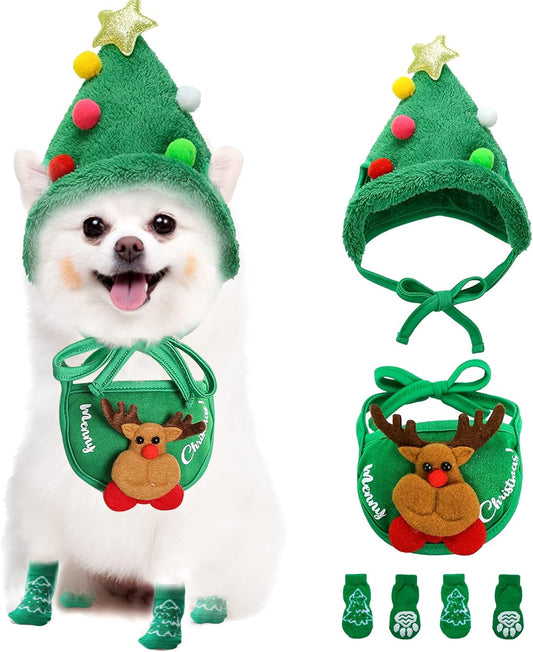 Festive Pet Christmas Costume Set - Reindeer Hats, Anti-Slip Socks & Bandanas for Small to Medium Dogs & Cats (Green, XL)