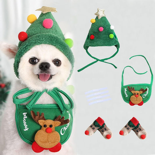 Festive 6-Piece Pet Christmas Costume Set - Adorable Hat, Bandana, Bow Tie, Socks & Bib for Small to Medium Dogs & Cats (Green, S: 2-8Kg)
